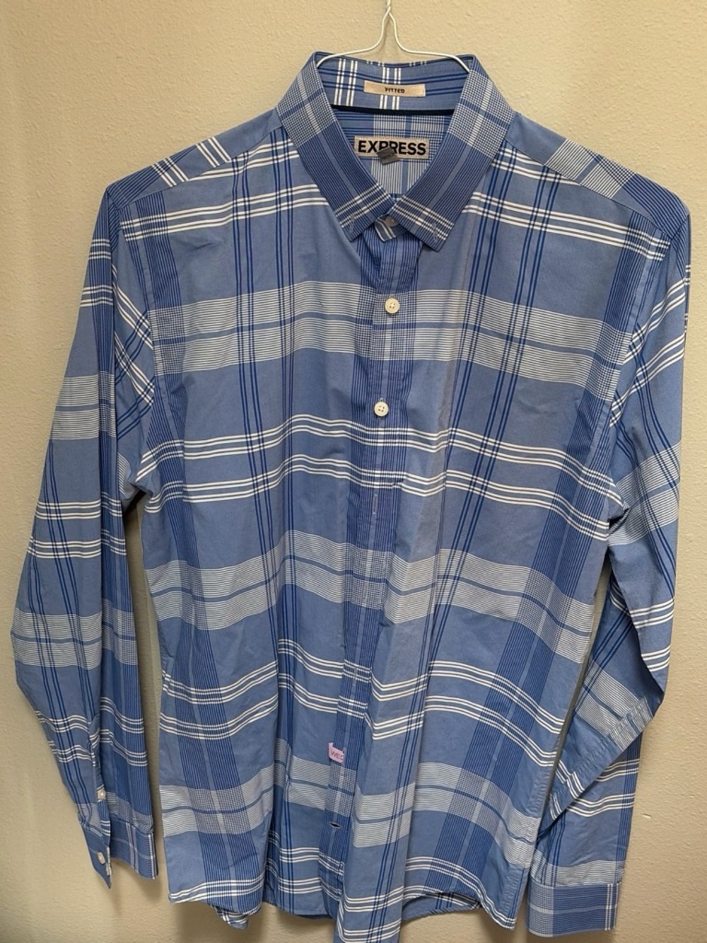 Express Men's Light and Navy Blue Plaid Button-Down Shirt